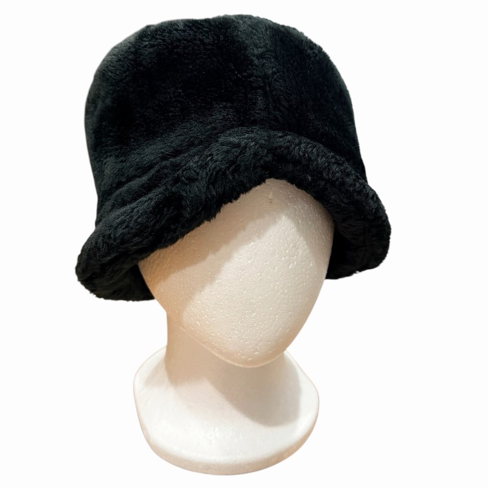 Fluffy Faux Fur Bucket Hat Winter Warm Black Hat for Women Men Accessories
